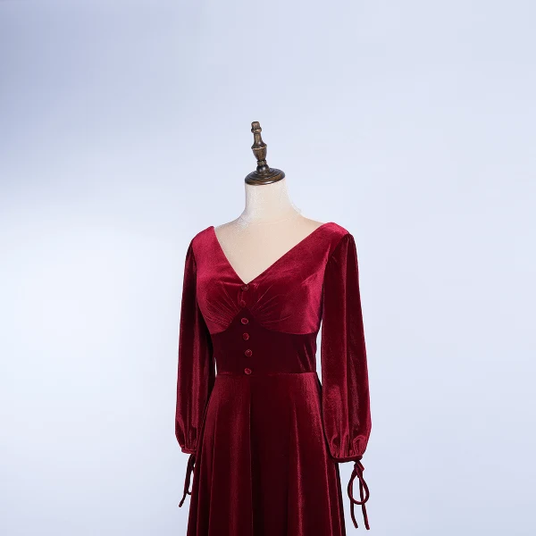 Elegant Burgundy Prom Dresses 2020 A-Line / Princess Suede V-Neck Long Sleeve Backless Floor-Length / Long Formal Dresses