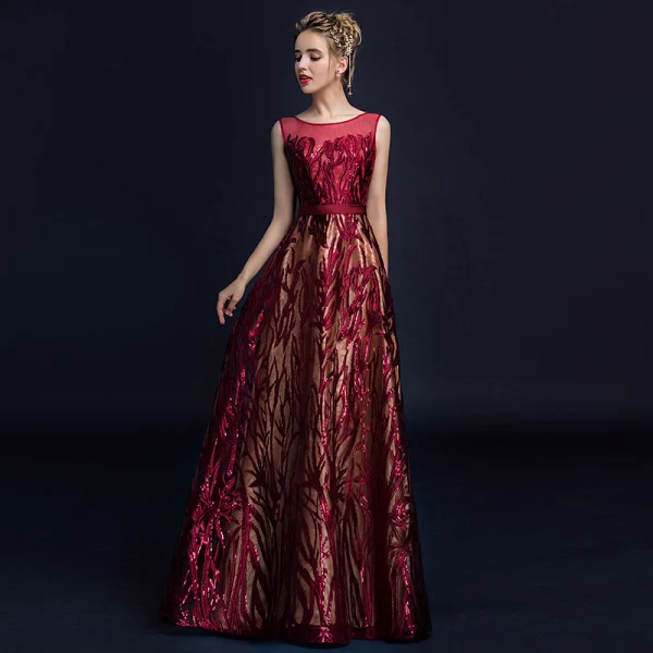 Chic / Beautiful Burgundy Evening Dresses 2018 A-Line / Princess Lace Flower Sequins Sash Scoop Neck Backless Sleeveless Floor-Length / Long Formal Dresses