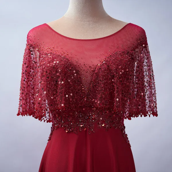 Élégant Bordeaux Robe De Soirée 2020 Princesse Encolure Dégagée Perlage Faux Diamant Paillettes En Dentelle Fleur Manches Courtes Dos Nu Train De Balayage Robe De Ceremonie
