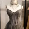 Chic / Beautiful Grey Evening Dresses  2020 A-Line / Princess Spaghetti Straps Beading Tassel Crystal Sleeveless Backless Floor-Length / Long Formal Dresses