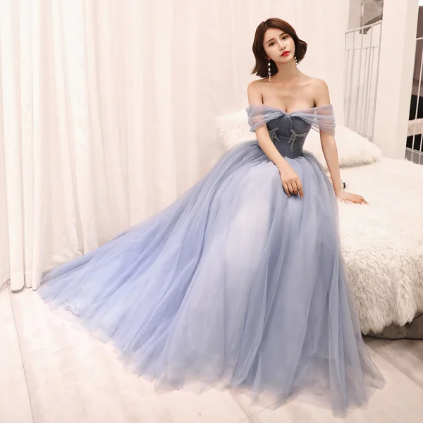 Élégant Gris Bleu Ciel Robe De Soirée 2018 Princesse Faux Diamant De l'épaule Dos Nu Sans Manches Tribunal Train Robe De Ceremonie