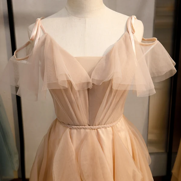 Mode Champagne Robe De Soirée 2020 Princesse Bretelles Spaghetti Sans Manches Dos Nu Volants en Cascade Longue Robe De Ceremonie