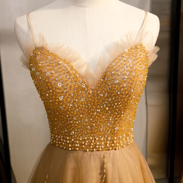 Chic / Beautiful Gold Evening Dresses 2020 A-Line / Princess Spaghetti Straps Beading Pearl Sequins Sleeveless Backless Floor-Length / Long Formal Dresses