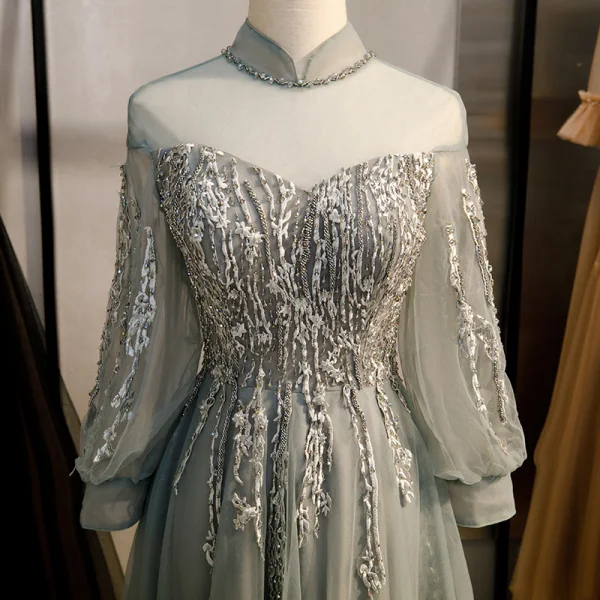 Vintage / Retro Grey Prom Dresses 2020 A-Line / Princess High Neck Beading Rhinestone Lace Flower Long Sleeve Backless Sweep Train Formal Dresses