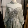 Vintage / Originale Gris Robe De Bal 2020 Princesse Col Haut Perlage Faux Diamant En Dentelle Fleur Manches Longues Dos Nu Train De Balayage Robe De Ceremonie