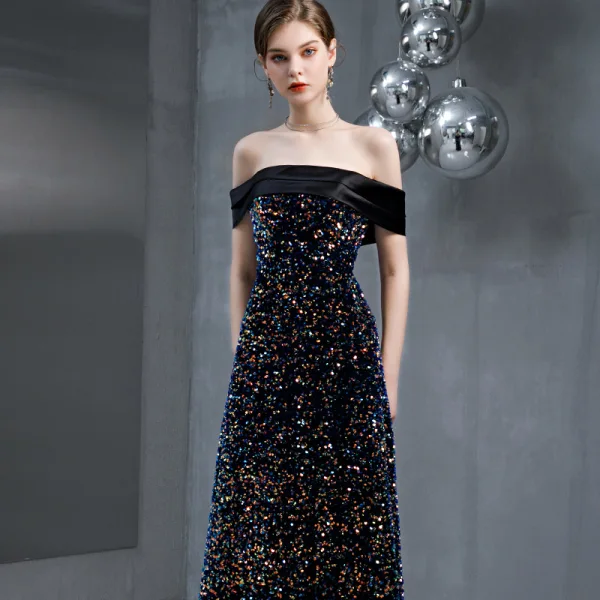 Charmant Marineblau Multifarben Pailletten Abendkleider 2020 A Linie Off Shoulder Ärmellos Rückenfreies Lange Festliche Kleider