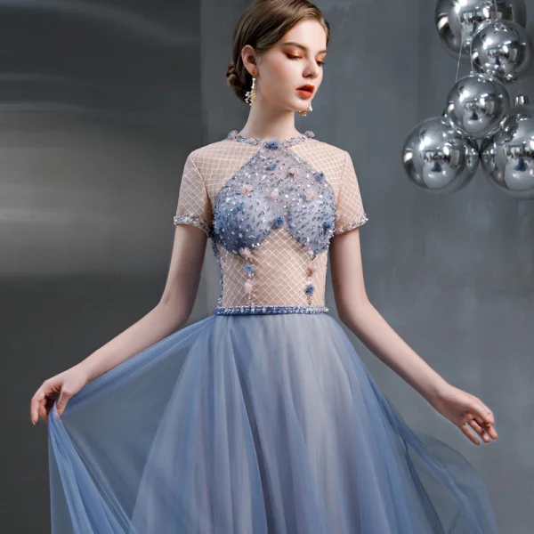 Chic / Belle Bleu Ciel Robe De Soirée 2020 Princesse Encolure Dégagée Perlage Appliques Paillettes Manches Courtes Longue Robe De Ceremonie