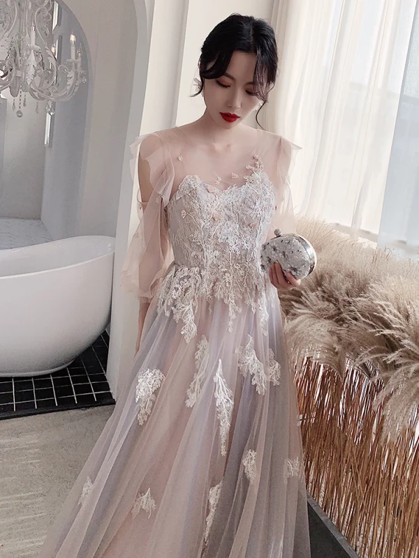 Fashion Blushing Pink Evening Dresses 2020 A-Line / Princess Scoop Neck Beading Lace Flower Long Sleeve Backless Floor-Length / Long Formal Dresses