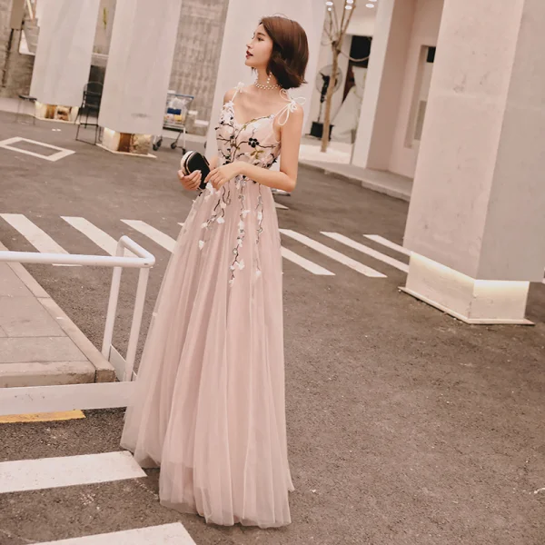 Chic / Beautiful Blushing Pink Summer Evening Dresses  2018 A-Line / Princess Appliques Bow Spaghetti Straps Backless Sleeveless Floor-Length / Long Formal Dresses