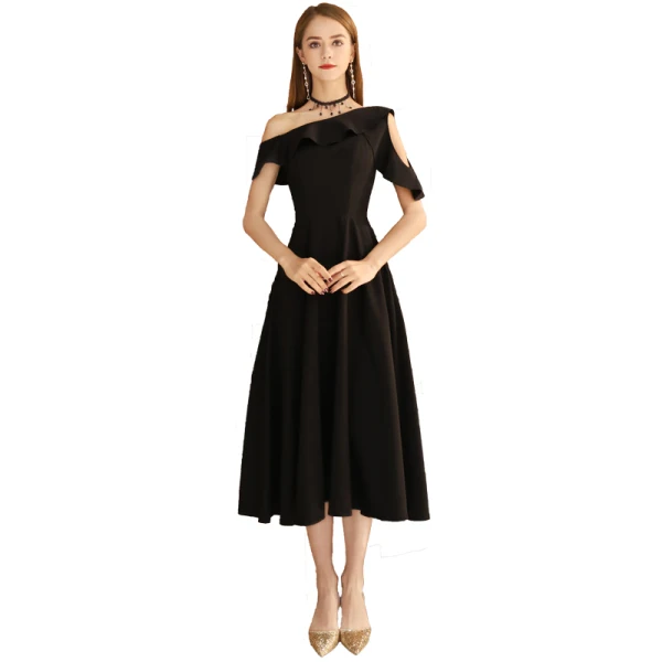 sezane formal dress Simple V Neck Black Satin Short Prom Dress, Black Homecoming Dress, Bl –  abcprom main image 0