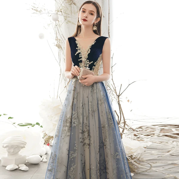 Elegant Navy Blue Prom Dresses 2020 A-Line / Princess Scoop Neck Glitter Sequins Lace Flower Sleeveless Backless Floor-Length / Long Formal Dresses