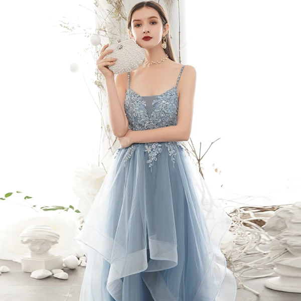 Chic / Beautiful Sky Blue Prom Dresses 2020 A-Line / Princess Spaghetti Straps Rhinestone Lace Flower Sleeveless Backless Cascading Ruffles Floor-Length / Long Formal Dresses