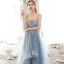 Chic / Beautiful Sky Blue Prom Dresses 2020 A-Line / Princess Spaghetti Straps Rhinestone Lace Flower Sleeveless Backless Cascading Ruffles Floor-Length / Long Formal Dresses