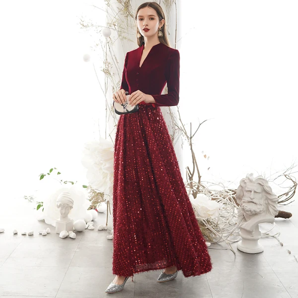 Elegant Burgundy Winter Evening Dresses 2020 A Line Princess V Neck Sequins Tassel  Long Sleeve Floor Length Long Formal Dresses