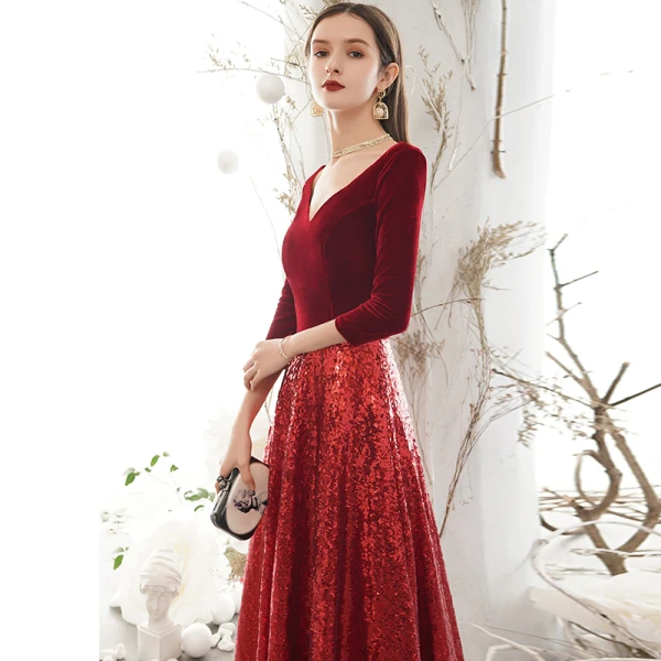 Sparkly Burgundy Winter Evening Dresses 2020 A-Line / Princess Suede V-Neck Sequins 3/4 Sleeve Backless Floor-Length / Long Formal Dresses