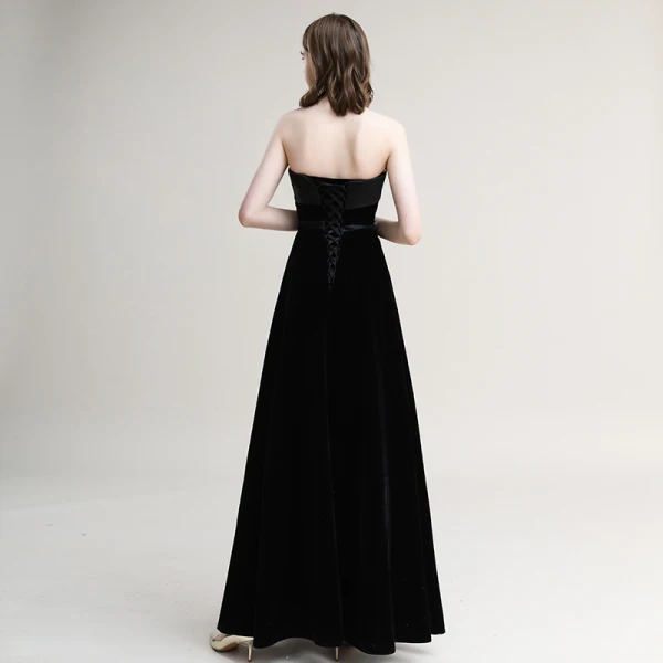 Modest / Simple Black Evening Dresses  2020 A-Line / Princess Suede Strapless Sleeveless Backless Floor-Length / Long Formal Dresses