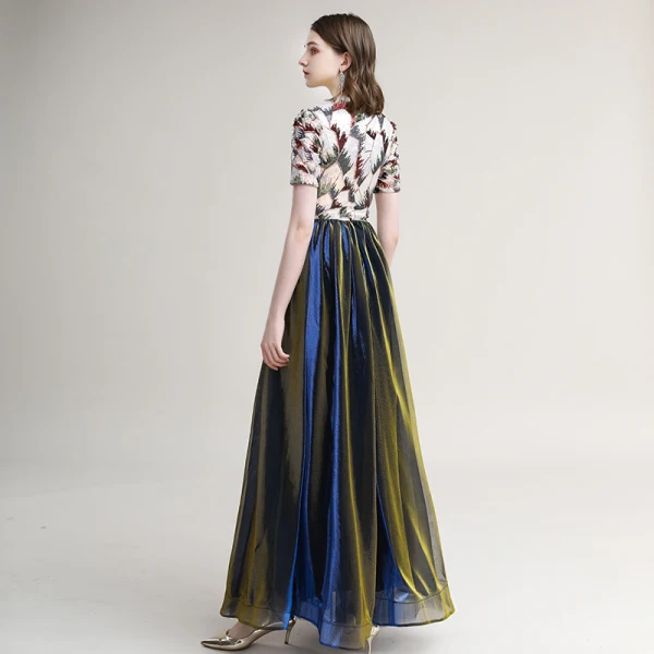 Elegante Bronze Königliches Blau Abendkleider 2020 A Linie Rundhalsausschnitt Pailletten Kurze Ärmel Lange Festliche Kleider
