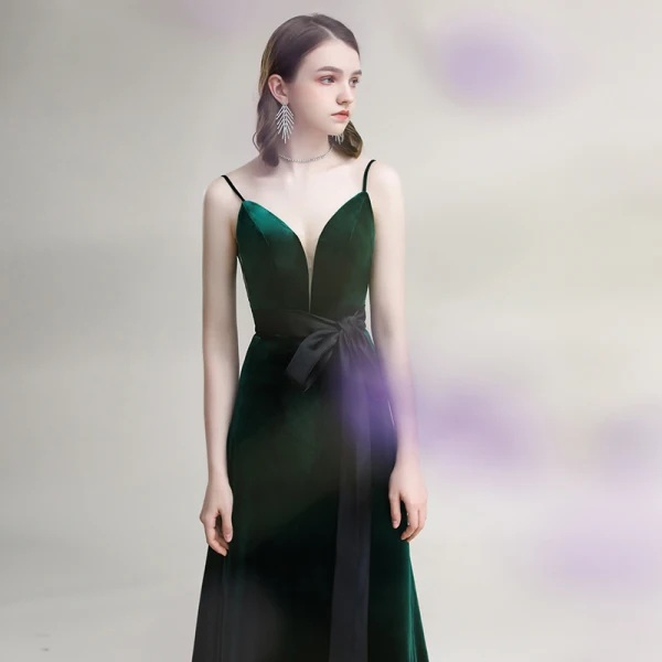 Elegant Dark Green Suede Evening Dresses  2020 A-Line / Princess Spaghetti Straps Bow Sleeveless Backless Floor-Length / Long Formal Dresses