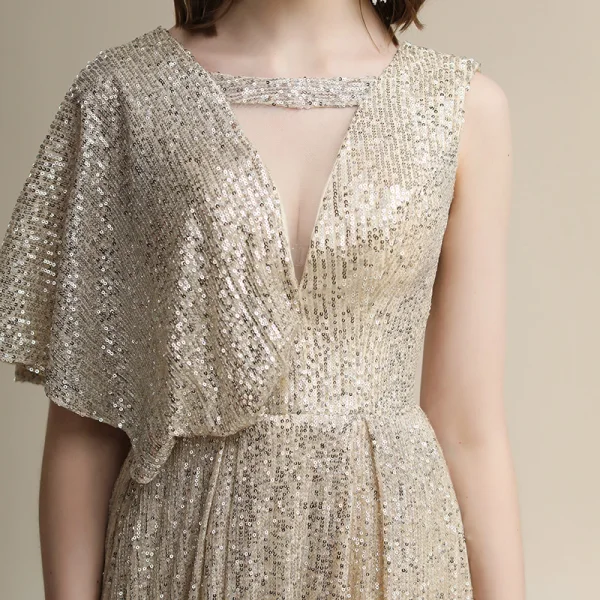 Scintillantes Champagne Paillettes Robe De Soirée 2020 Princesse V-Cou Manches Courtes Dos Nu Longue Robe De Ceremonie