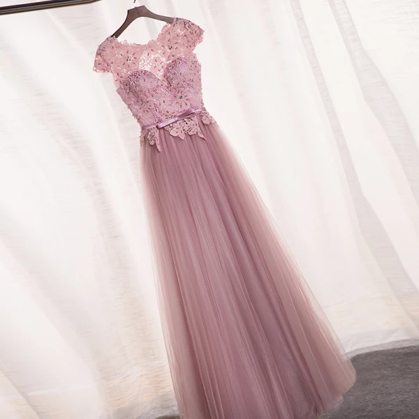 Chic / Beautiful Blushing Pink Prom Dresses 2018 A-Line / Princess Appliques Bow Pearl Scoop Neck Backless Sleeveless Floor-Length / Long Formal Dresses
