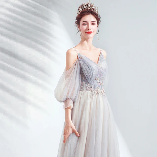Charming Grey Prom Dresses 2020 A-Line / Princess V-Neck Beading Sequins Lace Flower Short Sleeve Backless Floor-Length / Long Formal Dresses