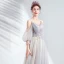 Charming Grey Prom Dresses 2020 A-Line / Princess V-Neck Beading Sequins Lace Flower Short Sleeve Backless Floor-Length / Long Formal Dresses