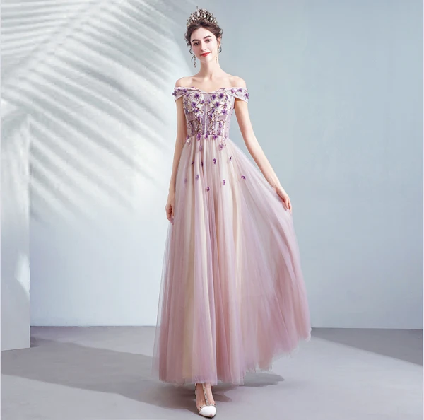Chic / Beautiful Purple Prom Dresses 2020 A-Line / Princess Off-The-Shoulder Beading Crystal Appliques Lace Flower Sleeveless Backless Floor-Length / Long Formal Dresses