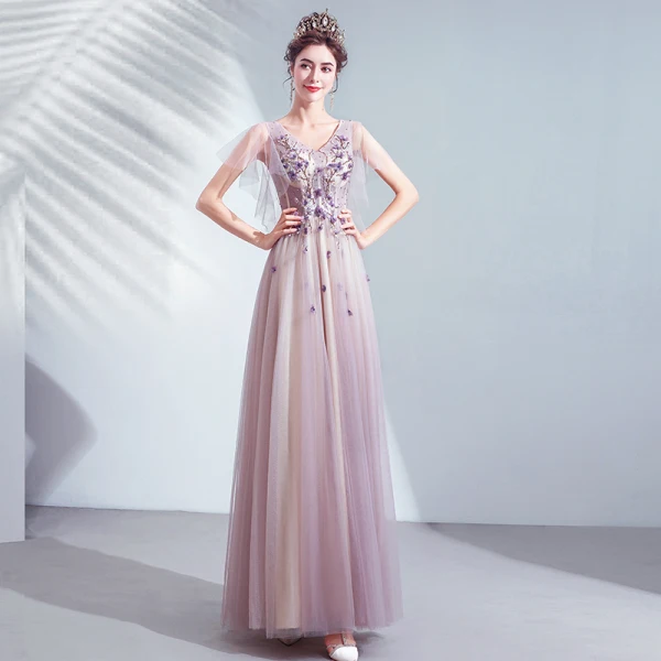 Chic / Belle Violet Robe De Bal 2020 Princesse V-Cou Appliques En Dentelle Fleur Perlage Cristal Manches Courtes Dos Nu Longue Robe De Ceremonie