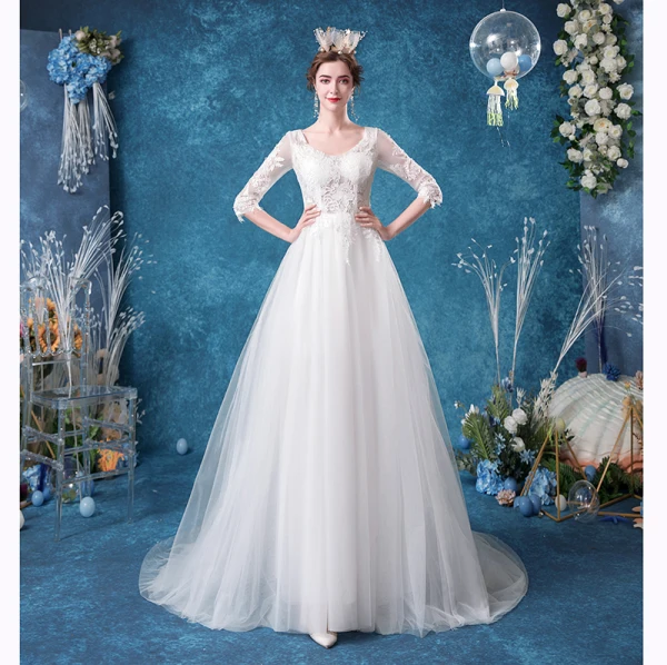 Affordable Ivory Wedding Dresses 2020 A-Line / Princess V-Neck Lace Flower 3/4 Sleeve Court Train