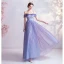 Charming Lavender Prom Dresses 2020 A-Line / Princess Glitter Tulle Off-The-Shoulder Pearl Rhinestone Lace Flower Short Sleeve Backless Floor-Length / Long Formal Dresses