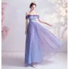 Charming Lavender Prom Dresses 2020 A-Line / Princess Glitter Tulle Off-The-Shoulder Pearl Rhinestone Lace Flower Short Sleeve Backless Floor-Length / Long Formal Dresses