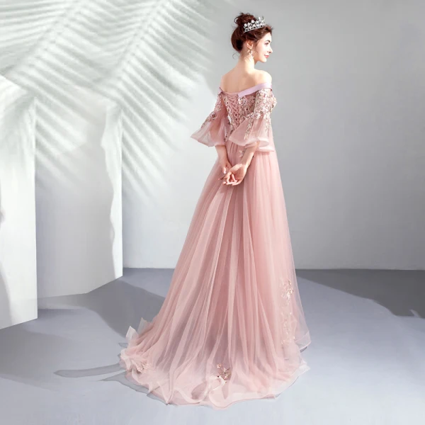 Chic Rose Bonbon Robe De Bal 2020 Princesse De l'épaule Perle Faux Diamant En Dentelle Fleur Manches de cloche Dos Nu Train De Balayage Robe De Ceremonie
