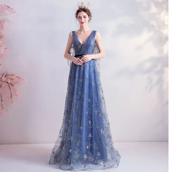 Fashion Ocean Blue Prom Dresses 2020 A-Line / Princess V-Neck Glitter Star Sequins Sleeveless Backless Floor-Length / Long Formal Dresses
