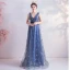 Fashion Ocean Blue Prom Dresses 2020 A-Line / Princess V-Neck Glitter Star Sequins Sleeveless Backless Floor-Length / Long Formal Dresses