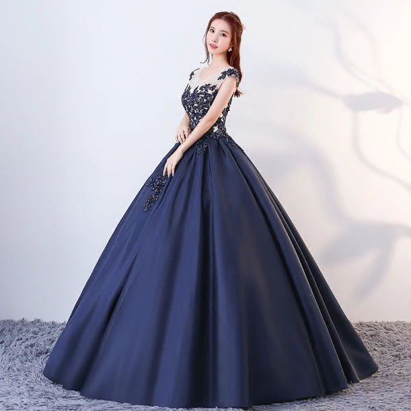 Vintage / Retro Navy Blue Quinceañera Prom Dresses 2018 Ball Gown Appliques Beading Scoop Neck Backless Sleeveless Floor-Length / Long Formal Dresses