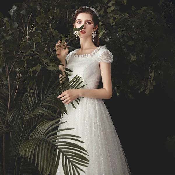 Simple Ivoire Tachetée Robe De Mariée 2020 Princesse Encolure Carrée Mancherons Dos Nu Longue