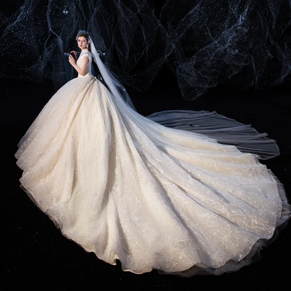 Charming Champagne Wedding Dresses 2020 Ball Gown High Neck Beading Lace Flower Cap Sleeves Backless Cathedral Train