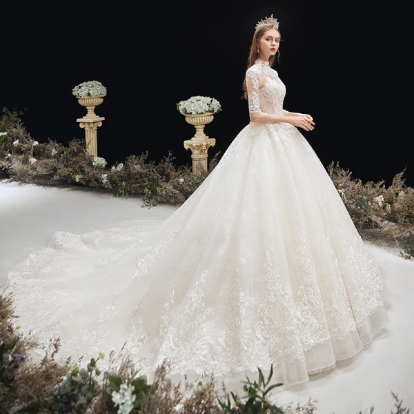 Classy Ivory Wedding Dresses 2020 Ball Gown High Neck Beading Sequins Lace Flower 3/4 Sleeve Backless Chapel Train