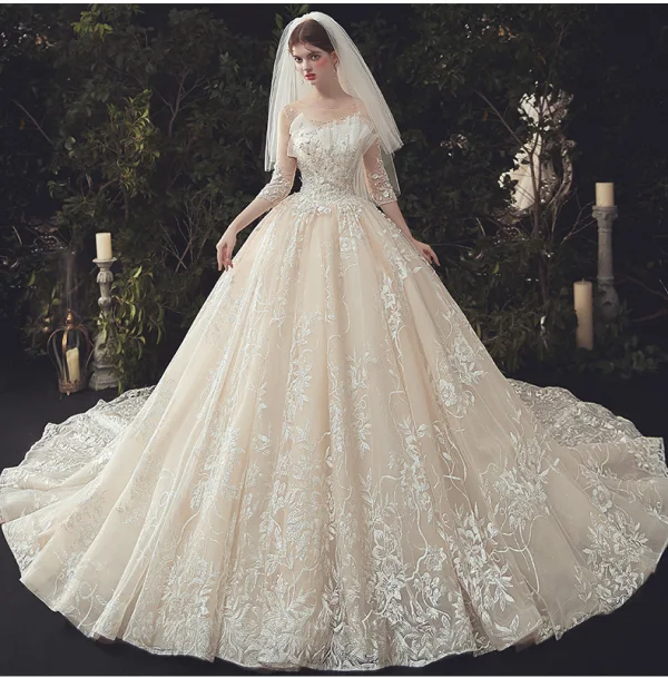 Luxury / Gorgeous Ivory Beading Wedding Dresses 2020 Ball Gown Scoop Neck Lace Flower Appliques Pearl Sequins 3/4 Sleeve Backless Cathedral Train