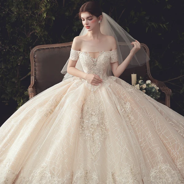 Luxury / Gorgeous Champagne Beading Wedding Dresses 2020 Ball Gown Off-The-Shoulder Sequins Lace Flower Short Sleeve Backless Royal Train