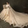 High-end Fashion Champagne Wedding Dresses 2020 Ball Gown V-Neck Lace Flower Long Sleeve Backless Cascading Ruffles Royal Train