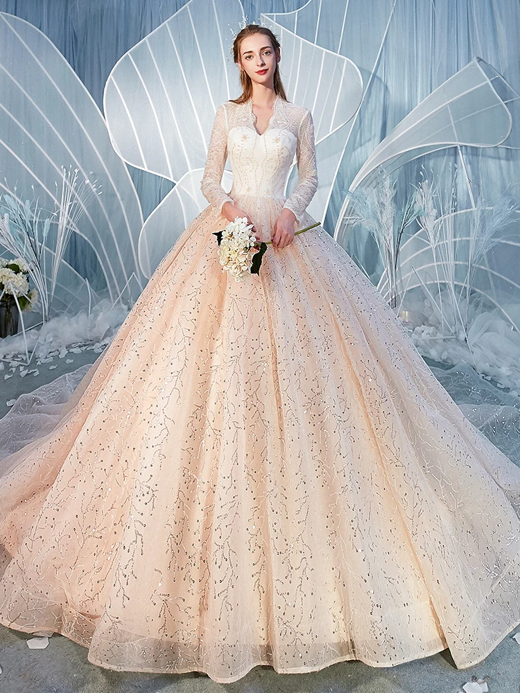 Charming Champagne Wedding Dresses 2020 Ball Gown V Neck Sequins Lace  Flower Long Sleeve Backless Cathedral Train