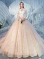 Charming Champagne Wedding Dresses 2020 Ball Gown V-Neck Sequins Lace Flower Long Sleeve Backless Cathedral Train