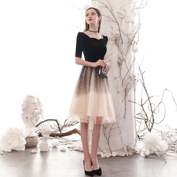 Fashion Black Gradient-Color Homecoming Graduation Dresses 2021 A-Line / Princess Square Neckline Star Sequins Short Sleeve Knee-Length Formal Dresses