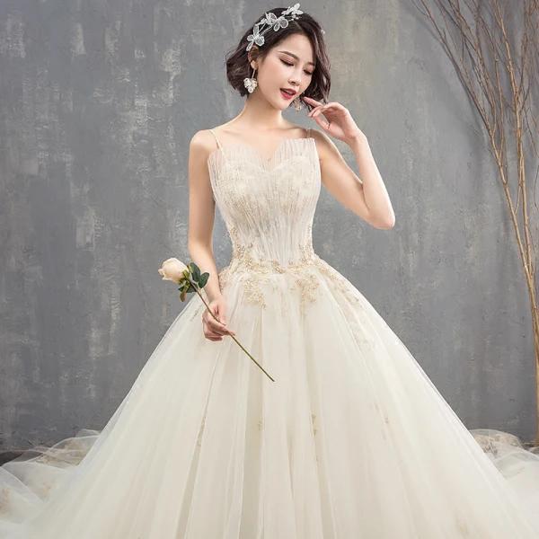 Luxury / Gorgeous Champagne Wedding Dresses 2018 Ball Gown Beading Rhinestone Spaghetti Straps Backless Sleeveless Royal Train Wedding