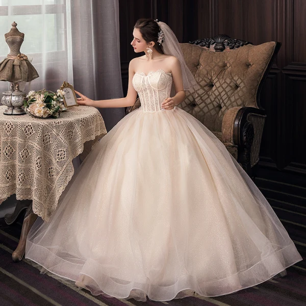 Fashion Champagne Corset Wedding Dresses 2020 Ball Gown Strapless Glitter Tulle Lace Flower Sleeveless Backless Floor-Length / Long