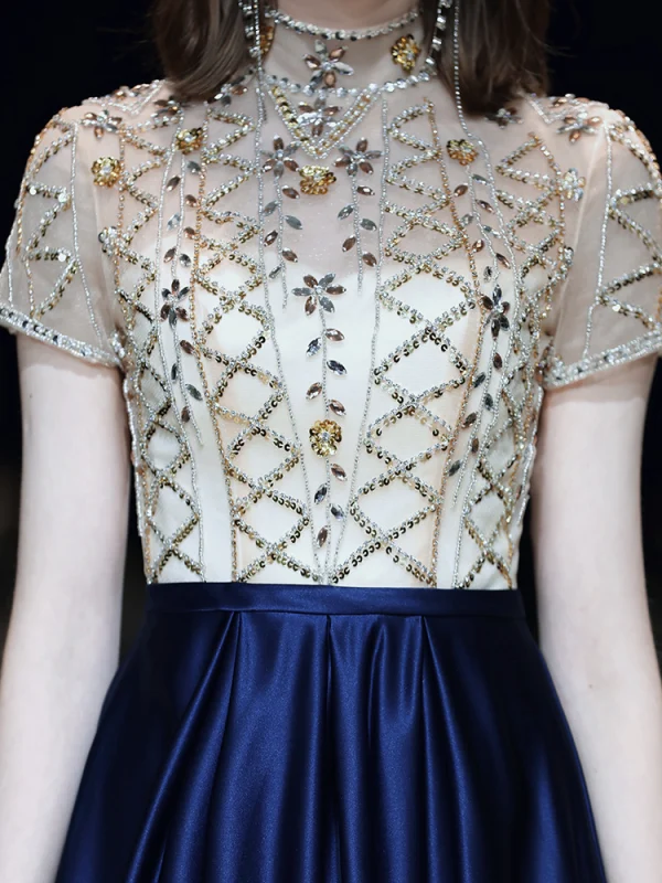 Chic Bleu Roi Robe De Soirée 2020 Princesse Col Haut Perlage Faux Diamant Paillettes Manches Courtes Dos Nu Longue Robe De Ceremonie