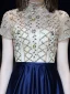 Chic Bleu Roi Robe De Soirée 2020 Princesse Col Haut Perlage Faux Diamant Paillettes Manches Courtes Dos Nu Longue Robe De Ceremonie