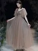 Charming Brown Evening Dresses  2020 A-Line / Princess V-Neck Beading Sequins Short Sleeve Backless Floor-Length / Long Formal Dresses