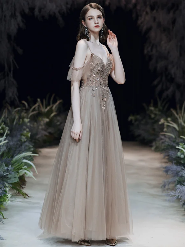 Fashion Brown Evening Dresses  2020 A-Line / Princess Spaghetti Straps Beading Rhinestone Sequins Sleeveless Backless Floor-Length / Long Formal Dresses